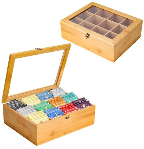 WENLISELL Bamboo Tea Box, Tea Box Organiser 12 Compartment with Transparent Lid, Tea Bag Organiser Storage Box Wooden for Tea Bags, Coffee Pods, Sugar Storage