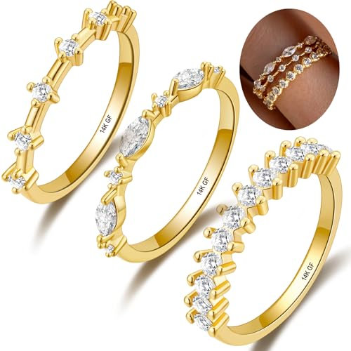 Rajputana 14K Gold Ringe für Frauen nicht anlaufen stapelbar Gold Ring Set Silber gefüllt dünne Band Ringe minimalistische kubischer Zirkonia Ringe Gold Trendy Gold Stacking Ringe Pack, 3Pcs