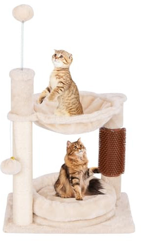 GYMAX Cat Tree, 2-Tier Cat Tower with Cat Bed, Hammock, Scratching Post, Self-massage Brush, Hanging Ball Toys, Small Kitty Activity Center for Indoor Cats