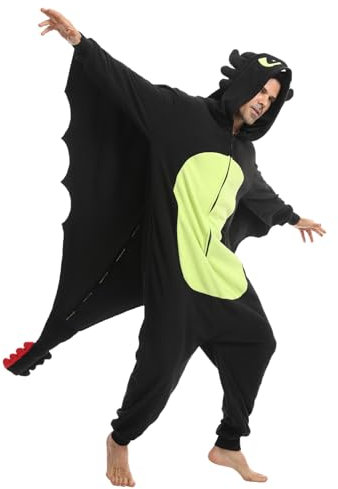 Laahoem Tier Drachen Pyjamas Unisex Erwachsene Reißverschluss Kapuze Männer Frauen Jumpsuit Kostüm Cosplay Nachtwäsche Black L