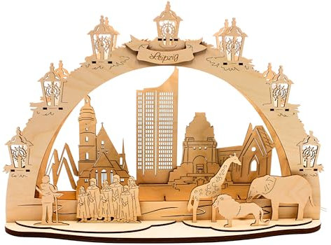 Leipziger Stadtsilhouette - Lichterbogen, Schwippbogen, Schwibbogen - Leuchterbogen mit LED- Beleuchtung, 10-flammig, Motiv: Leipzig Stadtsilhouette, L/B/H 43 x 30 x 12 cm. - Made in Germany - .