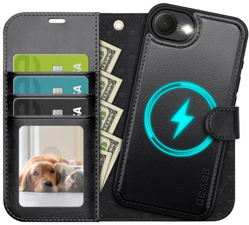 OCASE 2 in 1 Handyhülle iPhone 16e Hülle Abnehmbare magnetische mit Mit Handschlaufe, Kabelloses Laden, Kartenfach Schutzhülle Kompatibel für iPhone 16e Schwarz