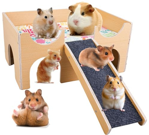 PORFOYO Meerschweinchen Haus, aus Holz mit Rampe und 4 Eingängen Versteck und Spielhaus für kleine Haustiere wie Hamster Haus Kaninchenhaus Degus Rennmäuse Hamster Spielzeug Zubehör 38 x 23,7 x 18 cm