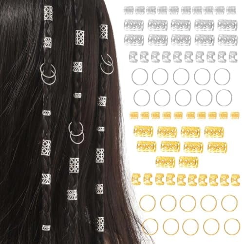 JYNXOR 80 Pcs Accesorios para el Pelo, Joyas para el Cabello, Joyas Loc para Rastas de Cabello, Puños Dorados para Trenzas, Anillos Pelo Ajustable, Adornos Pelo para Mujer y Hombres(Oro, Plateado)