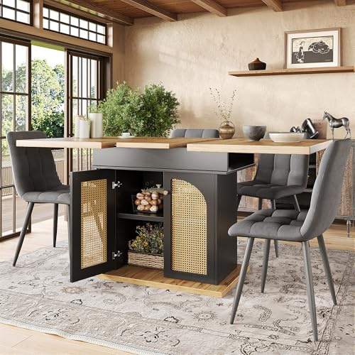 A ALFRESCOOL Esstisch Teleskoptisch, Klappbarer Küchentisch für 4-6 Personen, Ausziehbarer, Platzsparender, für Küche und Wohnzimmer, Tisch mit PE Rattan-Schranktüren, 110-140×80cm (Schwarz)