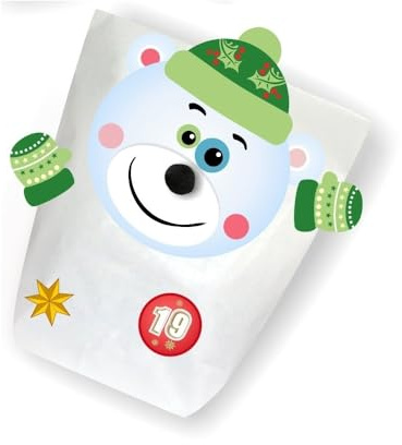 Unser-Festtag DIY Adventskalender Eisbären mit Bommelnase, 24 XXL Kraftpapiertüten ca 16 x 22 cm in weiß, Bastelset mit Nasen, Zahlenaufklebern und Dekorationen zum Ausschneiden