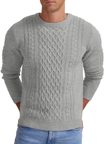 Hisir Pull Homme Hiver Cablé épais Col Rond Chaud Manches Longues Pullover Tricoté Col Rond Pulls Hommes