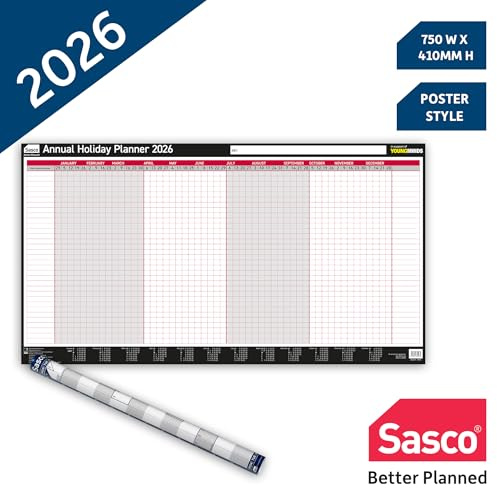 Sasco 2026 Annual Holiday Wall Planner – Poster Style Calendar with Wet Wipe Pen & Stickers, 75x41cm, Black & Red – Track Holidays and Absence – 2026 Calendar Designed for HR and Office Use