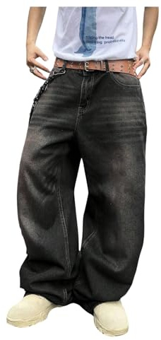 GORGLITTER Baggy Jeans for Men UK Mid Rise Wide Leg Vintage Streetwear Hip Pop Denim Pants with Pocket Black Large