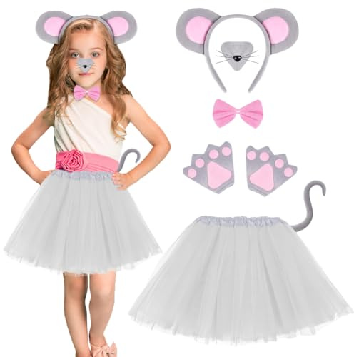 AOOWU Mouse Costume Set for Kids, 7PCS Animal Costume Set Tutu Skirt with Mouse Headband, Tail, Bow Tie, Nose, Gloves, Mouse Animal Fancy Dress Costume for Halloween Theme Party Cosplay