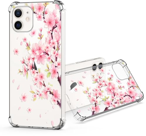 JRIANY für iPhone 12/12 Pro Durchsichtig Hülle, Transparent Weich Dünn Silikon Handyhülle mit Bunt Blumen Muster Motiv Stoßfest Kratzfest Schutzhülle Slim Clear Klar Case Cover - Rosa Sakura