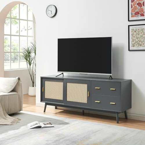 [en.casa] TV Schrank Susa Lowboard mit 2 Schiebetüren Polyrattan-Front Fernsehschrank mit 2 Schubladen 160 x 40 x 65 cm Sideboard Kommode Fernsehtisch Grau