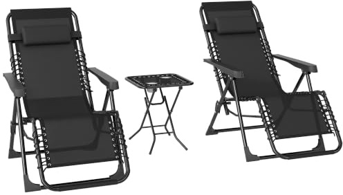 Outsunny Lot de 2 Chaise Longue Jardin Gravité Zéro Table d'Appoint Noir | Ensemble Transat 3 Pièces, Porte-Gobelets, Bain de Soleil Pliable, Dossier Réglable, Appui-Tête, Terrasse Piscine