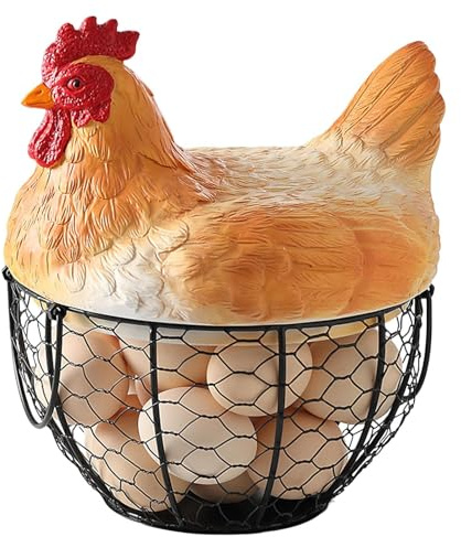 Eierkorb – Hühnereierkorb, Draht-Eierkörbe, Vintage-Aufbewahrungshalter aus Metall, Obstaufbewahrungskörbe, Eierhalter mit Hühnerdeckel für Obstsnack, Bauernküche, Schreibtisch, Bauernhof, Ostern