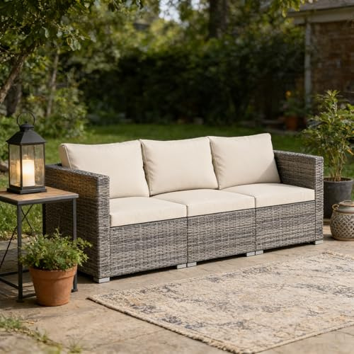 Giantex Divano da Giardino a 3 Posti in Rattan con Cuscino Imbottito, Mobili per Terrazza e Balcone, Colore Beige/Grigio, 193 x 67 x 61,5 cm (Beige)