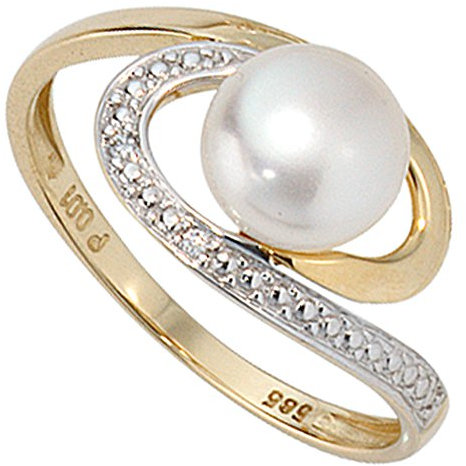 Jobo Damen Ring 585 Gold Gelbgold 1 Süßwasser Perle 2 Diamanten Brillanten Perlenring Größe 60
