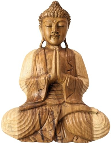 Artisanal Große Statue von Buddha sitzend aus Holz roh massiv handgeschnitzt H40 cm