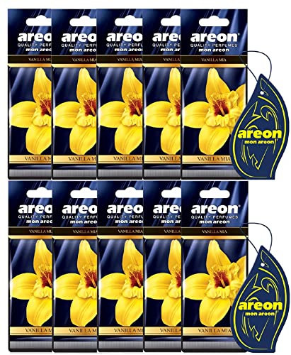 AREON Mon Autoduft Vanille Mia Lufterfrischer Auto Duft Hängend Aufhängen Anhänger Geruch Parfüm Erfrischer Duftspender Blau Spiegel Pappe 2D Wohnung (Vanilla Mia Set Pack x 10)