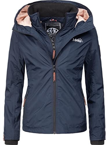 MARIKOO leicht gefütterte Damen Übergangsjacke Kurze Sommerjacke mit kuscheligem Fleece-Innenfutter und großer Kapuze Erdbeere Navy Gr. M