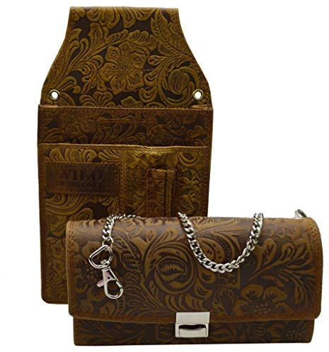 flevado Kellner Börsen Set Braun Leder mit Halftertasche florales Muster Hochwertig (braun)