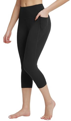 baleaf Sport Leggings Tasche Damen Caprihose Sommer 3/4 Kurze Sporthose 7/8 Blickdicht Leggings high Waist Yogahose Laufhose Fitnesshose Gym 7/8 Trainingshose AtmungsaktivSchwarz L