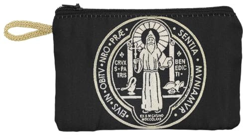 St. Benedikt Tasche, perfekt für Rosenkränze und Chaplet-Perlen, Schutzpatron der Studenten und Europa, schöne Stickerei, Reißverschluss, Schwarz, Medium, Beutel
