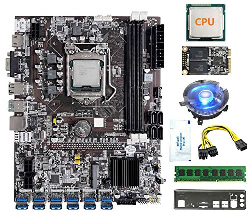 AMIUHOUN Carte mère B75 12 cartes minières + processeur + ventilateur + graisse thermique + RAM DDR3 8 Go + SSD 128 Go + câble d'alimentation + déflecteur 12USB3.0 LGA1155 DDR3 MSATA