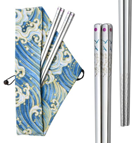 Palillos de metal reutilizables aptos para lavavajillas, de acero inoxidable 18/8, grabado láser de varios colores, 9.8 pulgadas, 2 pares (grúas y pinos, 2 pares)