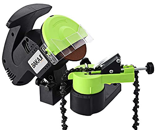 Bakaji Affilacatene Elettrico da banco per Catena Motosega Affila Catena con Serraggio Automatico e Angolo di Affilatura Regolabile Potenza 220 W 7500 Rpm 2Disco 108 mm Incluso