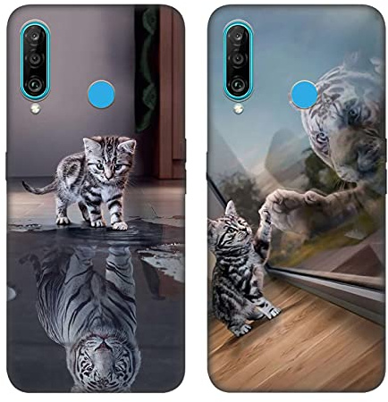 DiaryTown 2 Pack für Huawei P30 Lite Hülle, Ultra Dünn Silikon Bumper Schutzhülle Stoßfest mit Muster Motiv Schwarz Handyhüllen Weich TPU Cover für Huawei P30 Lite - Katze & Tiger