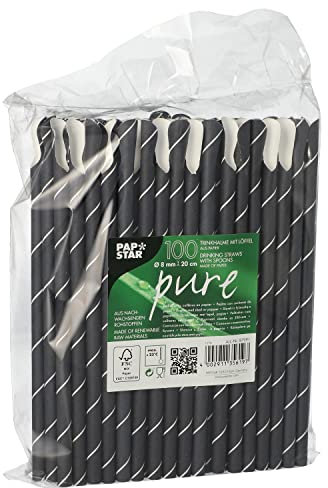 Papstar Trinkhalme mit Löffel, Papier Ø 8 mm, 20 cm schwarz/weiss Stripes 87991 Papiertrinkhalme Papierstrohhalme Shakehalme Löffel-Halme, 100 Stück