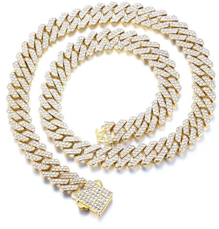 Halukakah 18k Echtgold Plattiert Kubanischer Diamant Link Halskette Für Männer - Über 1000 Labor Diamanten Handset - Breite 12mm Länge 45cm - Mit Geschenkbox