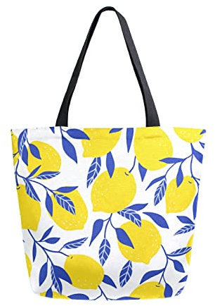 Anantty Tropisch Gelb Zitronen Canvas Tote Bag Damen Einkaufstasche Bag Tragetasche Wiederverwendbare Tasche Handtasche mit Innentasche für Shopper Reisetasche