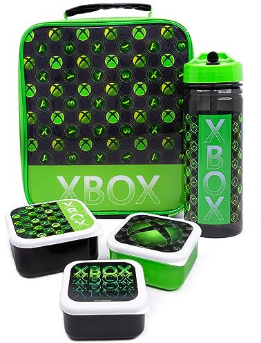 Xbox Bolsa de almuerzo para niños | Bolsa de cena escolar de 5 piezas con botella de agua libre de BPA y recipientes para bocadillos | Delicia verde para los jugadores | para jóvenes jugadores