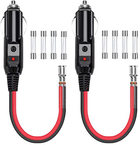 GUNGY Enchufe de Encendedor Coche 12V/24V Enchufe para Encendedor de Cigarrillos 16AWG 10cm Cable de Extensión Conector Mechero Coche con Fusibles 15 A y Luz de LED 2 Piezas