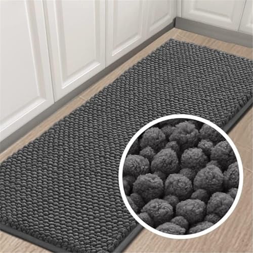 LINGKY Badematte rutschfest 50x150 cm Chenille Badezimmerteppich Saugfähige Badteppich Waschbar Badvorleger Bad Teppich Badezimmer Duschvorleger Badematte Grau
