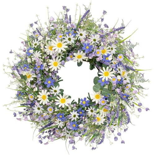 22 Inches Summer Wreaths for Front Door Blue Summer Door Wreath Spring Floral Wreath with Wildflower Lanvender for Wall Porch Indoors Outdoor Window Home Decorations