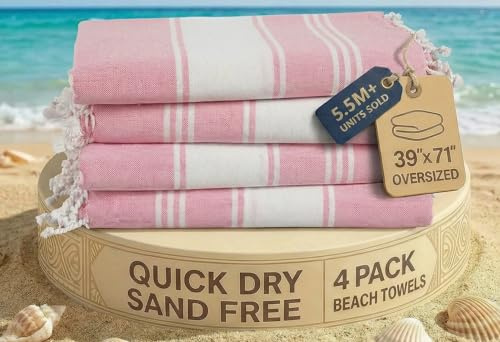 LANE LINEN Strandtuch aus 100 % Baumwolle, mit Tasche, 4 Stück, übergroß, 99,1 x 180,3 cm, saugfähig, extra groß, schnell trocknend, Sand, Reisehandtuch – Candy Pink