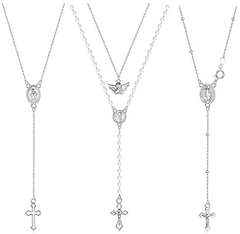 Morfetto Kreuz Halsketten für Frauen Männer Rosenkranz Perle Katholische Halsketten mit Engel Jesus Jungfrau Maria Anhänger Gold Versilbert Rosenkranz Perlen Y Halsketten Kette für Gebet Silber