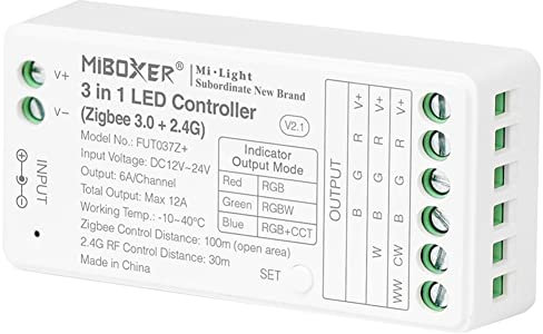 LGIDTECH FUT037Z+ Miboxer LED-Streifen-Controller 3-in-1, Zigbee+2.4G, funktioniert mit RGB & RGBW & RGB + CCT LED-Lichtstreifen, kompatibel mit Philips Hue, Amazon Echo Plus (2. Generation)