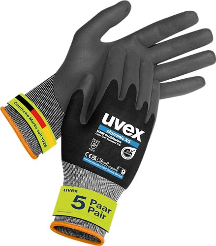 uvex phynomic XG, 5 Paar - Montagehandschuh, Schutzhandschuh, Arbeitshandschuh - extra grip, wiederstandsfähig & feinfühlig - schwarz, grau - Größe 08/M