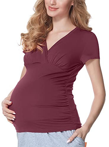 Bellivalini Damen Umstandsshirt mit Stillfunktion Kurzarm V-Ausschnitt BLV50-123 (Wein, M)