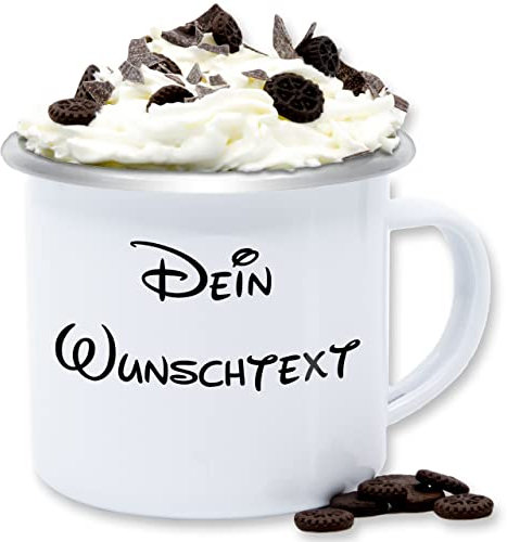 Emaille Tasse Blechtasse - Aufdruck selbst gestalten - Wunschtext I Geschenk mit eigenem Text personalisiert - 300 ml - Weiß Silber - tassen personalisieren personalisierte name kaffeebecher