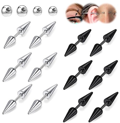 BodyAce 12Stücke Spitze Ohrringe Helix Piercings, Schwarz Spitze Augenbrauen Piercing Gerade Rings, Edelstahl Rook Piercing Banane Körperschmuck (Stablänge:8mm)