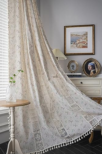 Yaofeiou Voile Vorhänge Elfenbein Weiß Vorhänge Vintage Gardinen Quaste Transluzente Verdunklung Vorhänge Landhausstil Häkeln Stricken Gardinen Baumwolle Leinen Gardienen, 2 Stück, B150xH200cm