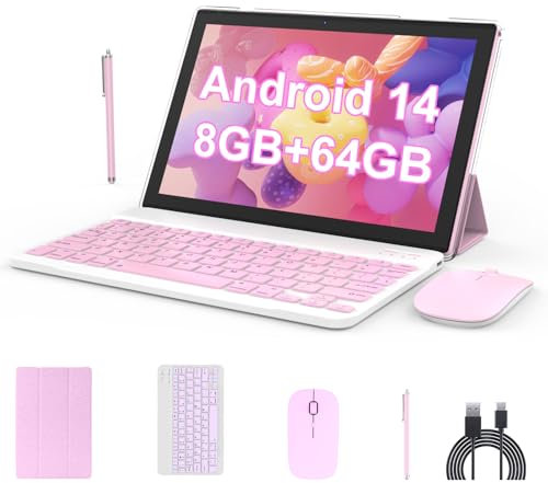 BYANDBY Tabletas Android 14 de 10 pulgadas, 2 en 1, procesador de cuatro núcleos, 64 GB + 8 GB + 1 TB ampliable, Wi-Fi, BT, cámara dual, pantalla táctil IPS, juegos, certificados GMS (rosa)