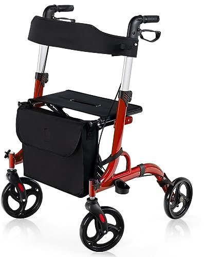 COSTWAY Rollator faltbar und leicht mit Sitz, 2 in 1 Ruhestuhl & Reiserollator, Gehhilfe 6-fach höhenverstellbar, Gehwagen mit Tasche & Stockhalter & 2 Bremsen, Aluminiumlegierung (Rot)