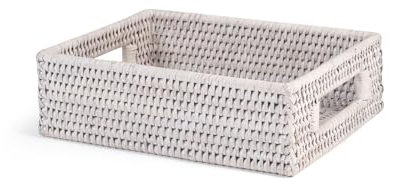 H&H Cesto Rettangolare con Manici in Rattan Sbiancato – 23x18x7 cm – Realizzato a Mano, Porta Pane, Condimenti, Frutta o Organizer Dispensa – Stile Naturale Chiaro
