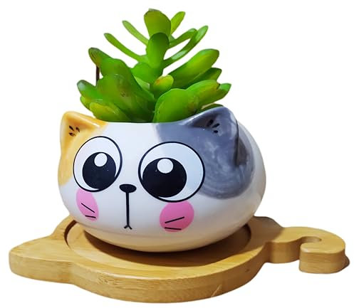 Cuteforyou Adorable pot de fleurs en céramique en forme de chat avec plateau en bambou (gris, jaune)
