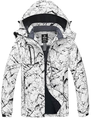 Wantdo Femme Manteau d'hiver Snowboard Outdoor Parka Randonnée Grande Taille Veste de Pluie Imperméable Blouson de Ski Décontracté Coupe-Vent Imprimé Noir et Blanc XXL